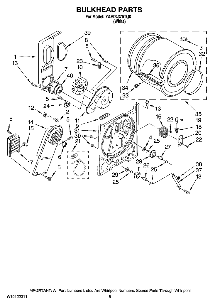 BULKHEAD PARTS, OPTIONAL PARTS (NOT INCLUDED) Diagram and Parts List for YAED4370TQ0  Admiral Dryer