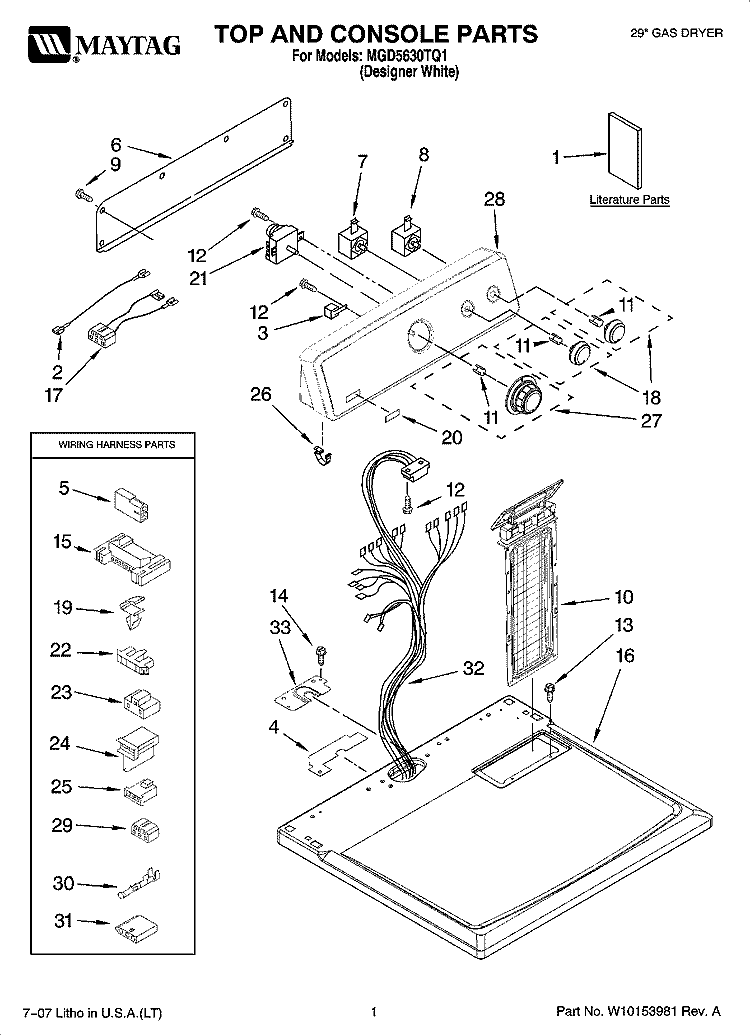 TOP AND CONSOLE PARTS Diagram and Parts List for MGD5630TQ1  Maytag Dryer