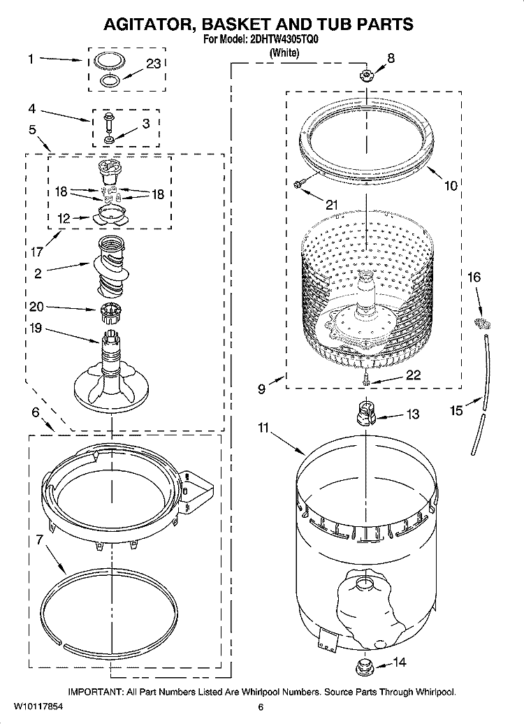 AGITATOR, BASKET AND TUB PARTS Diagram and Parts List for 2DHTW4305TQ0  Magic Chef Washer