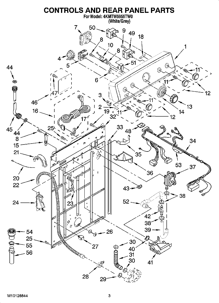 CONTROLS AND REAR PANEL PARTS Diagram and Parts List for 4KMTW5955TW0  Maytag Washer