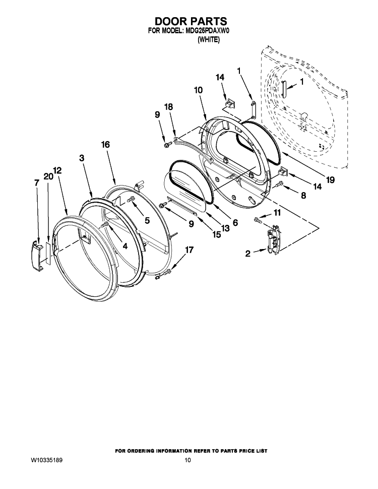 DOOR PARTS Diagram and Parts List for MDG25PDAXW0  Maytag Dryer