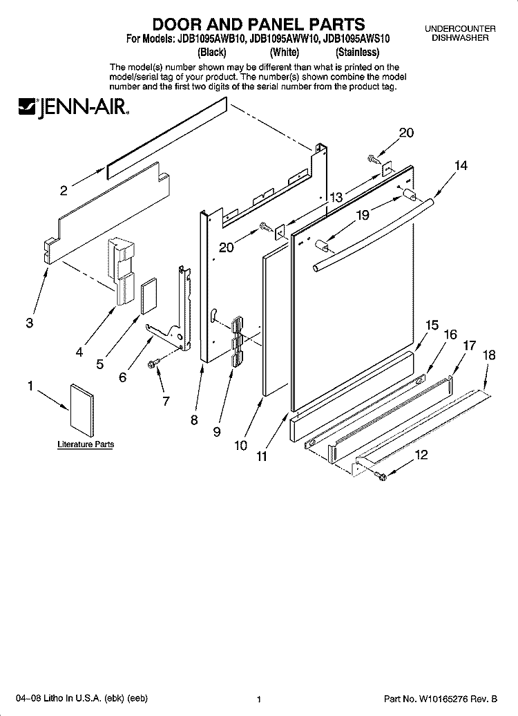 DOOR AND PANEL PARTS Diagram and Parts List for JDB1095AWB10  Jenn-Air Dishwasher