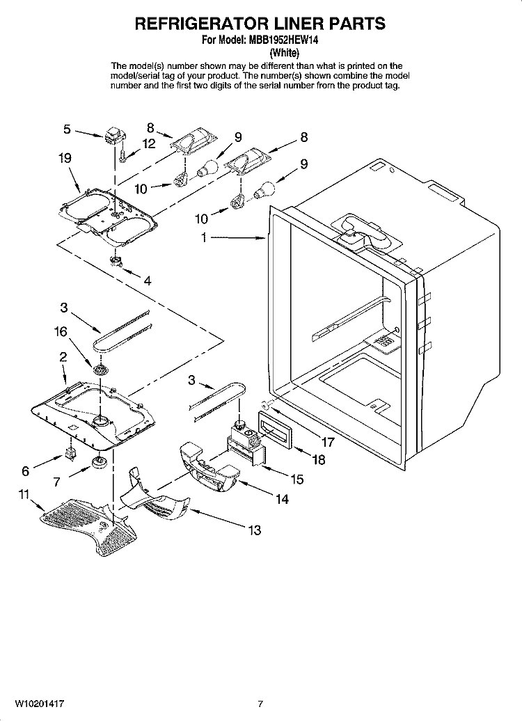 REFRIGERATOR LINER PARTS Diagram and Parts List for MBB1952HEW14  Maytag Refrigerator