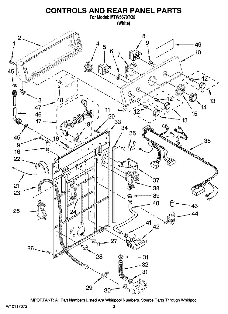 CONTROLS AND REAR PANEL PARTS Diagram and Parts List for MTW5670TQ0  Maytag Washer