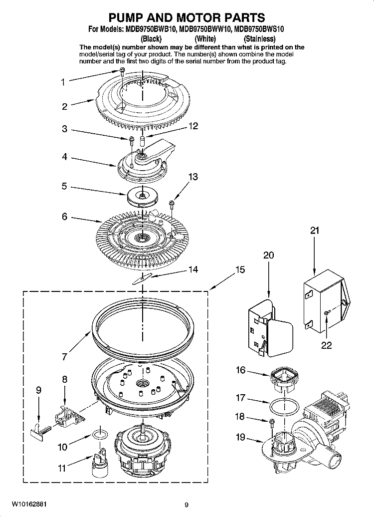 PUMP AND MOTOR PARTS Diagram and Parts List for MDB9750BWW10  Maytag Dishwasher