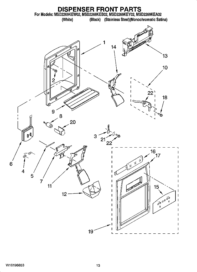 DISPENSER FRONT PARTS Diagram and Parts List for MSD2269KEA02  Maytag Refrigerator