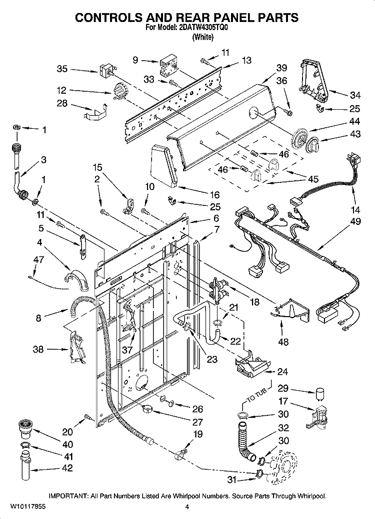CONTROLS AND REAR PANEL PARTS Diagram and Parts List for 2DATW4305TQ0  Admiral Washer
