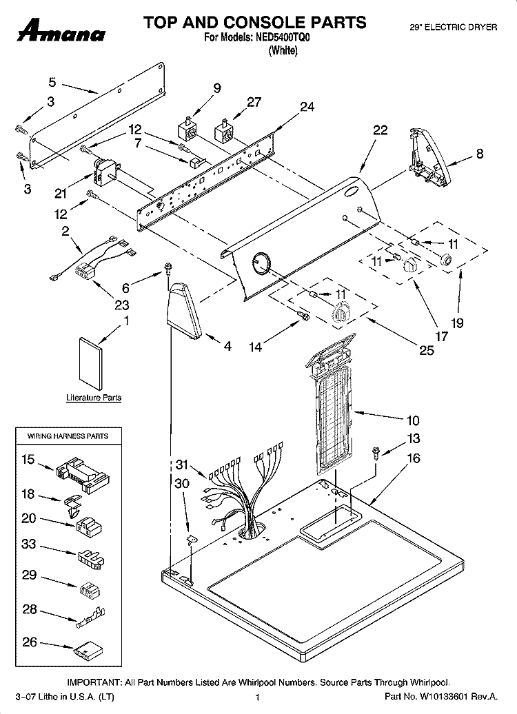 TOP AND CONSOLE PARTS Diagram and Parts List for NED5400TQ0  Amana Dryer