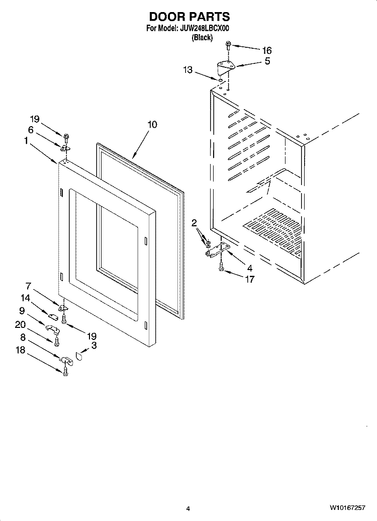 DOOR PARTS Diagram and Parts List for JUW248LBCX00  Jenn-Air Wine and Beverage Cooler