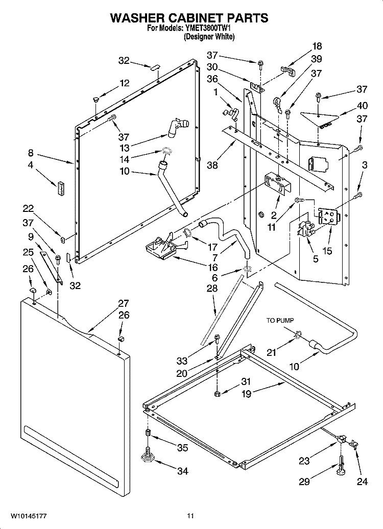 WASHER CABINET PARTS Diagram and Parts List for YMET3800TW1  Maytag Washer Dryer Combo