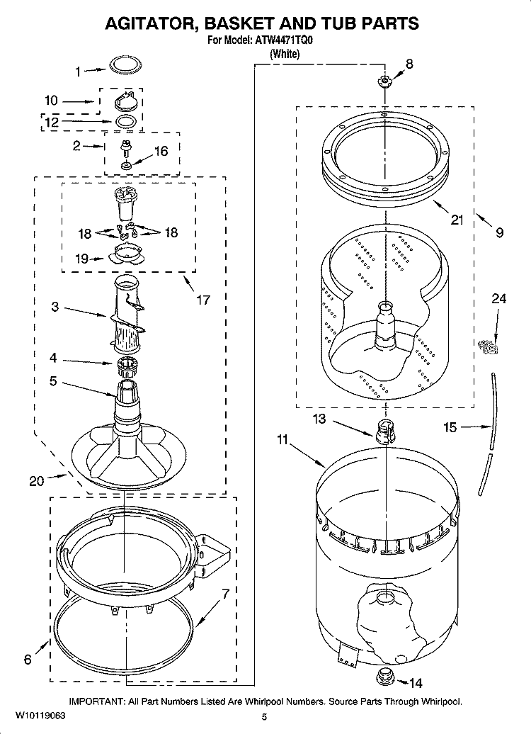 AGITATOR, BASKET AND TUB PARTS Diagram and Parts List for ATW4471TQ0  Admiral Washer