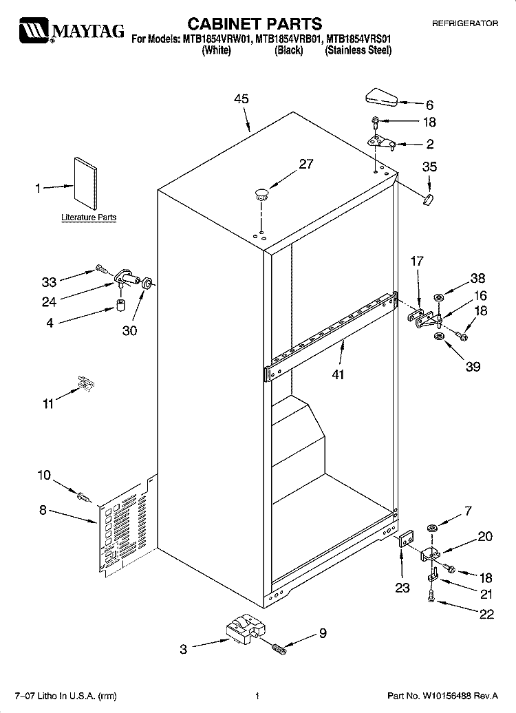 CABINET PARTS Diagram and Parts List for MTB1854VRB01  Maytag Refrigerator