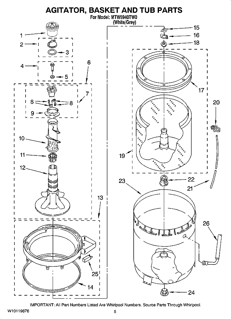 AGITATOR, BASKET AND TUB PARTS Diagram and Parts List for MTW5940TW0  Maytag Washer