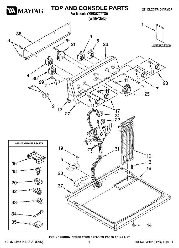 TOP AND CONSOLE PARTS Diagram and Parts List for YMED5707TQ0  Maytag Dryer