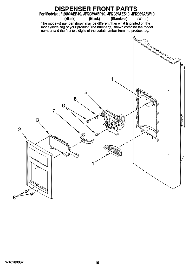 DISPENSER FRONT PARTS Diagram and Parts List for JFI2089AEP10  Jenn-Air Refrigerator