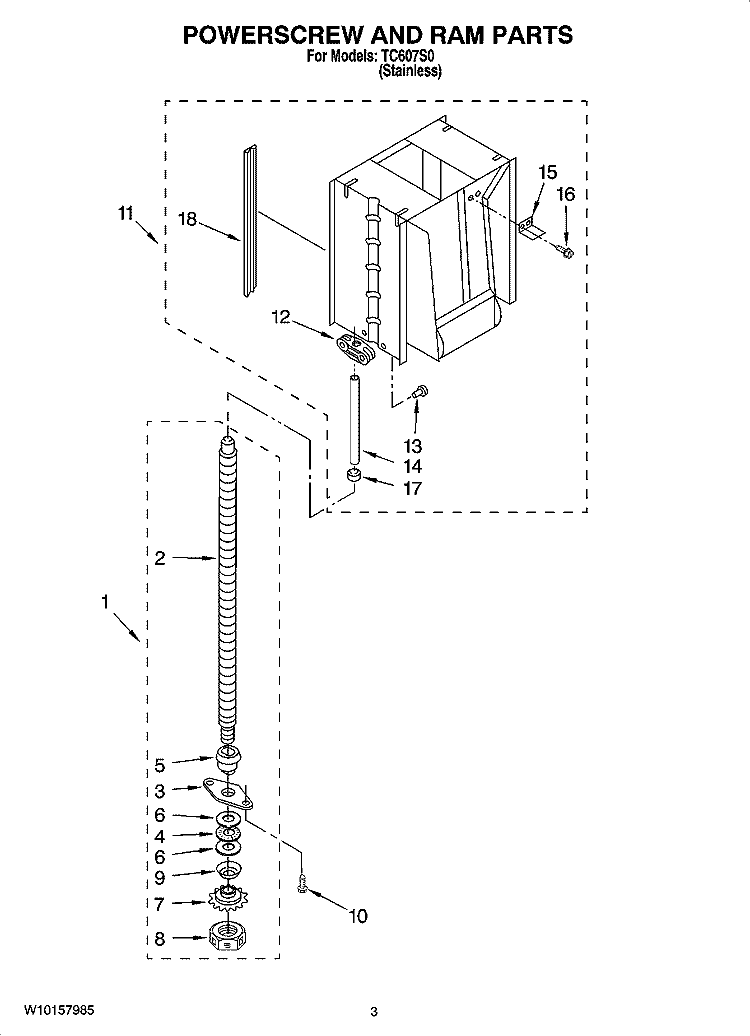 POWERSCREW AND RAM PARTS Diagram and Parts List for TC607S0  Jenn-Air Trash Compactor