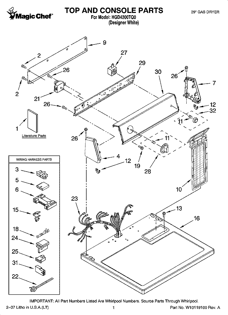 TOP AND CONSOLE PARTS Diagram and Parts List for HGD4300TQ0  Magic Chef Dryer