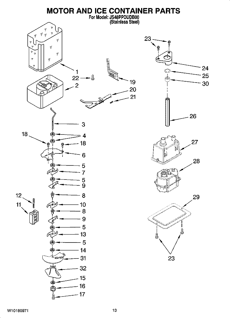 MOTOR AND ICE CONTAINER PARTS Diagram and Parts List for JS48PPDUDB00  Jenn-Air Refrigerator