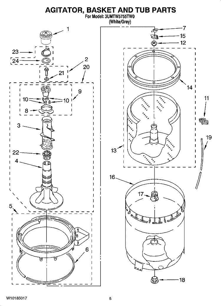 AGITATOR, BASKET AND TUB PARTS Diagram and Parts List for 3UMTW5755TW0  Maytag Washer