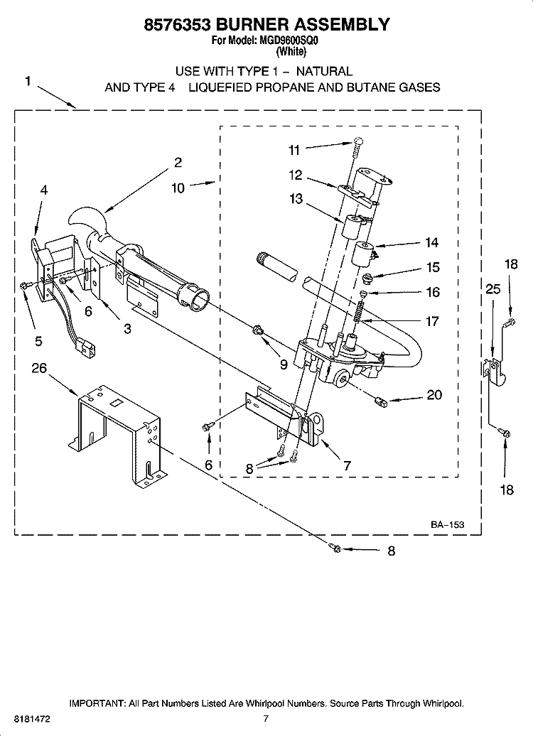 8576353 BURNER ASSEMBLY Diagram and Parts List for MGD9600SQ0  Maytag Dryer