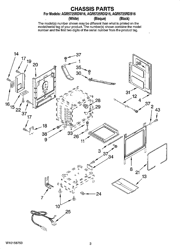 CHASSIS PARTS Diagram and Parts List for AGR5725RDB16  Amana Range