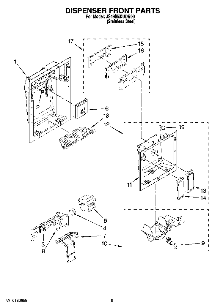 DISPENSER FRONT PARTS Diagram and Parts List for JS48SEDUDB00  Jenn-Air Refrigerator