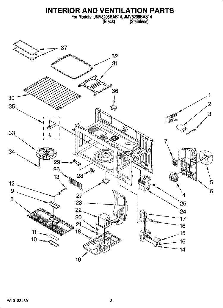 INTERIOR AND VENTILATION PARTS Diagram and Parts List for JMV8208BAS14  Jenn-Air Microwave