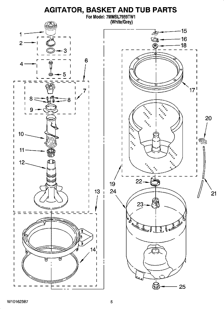 AGITATOR, BASKET AND TUB PARTS Diagram and Parts List for 7MMSL7959TW1  Maytag Washer