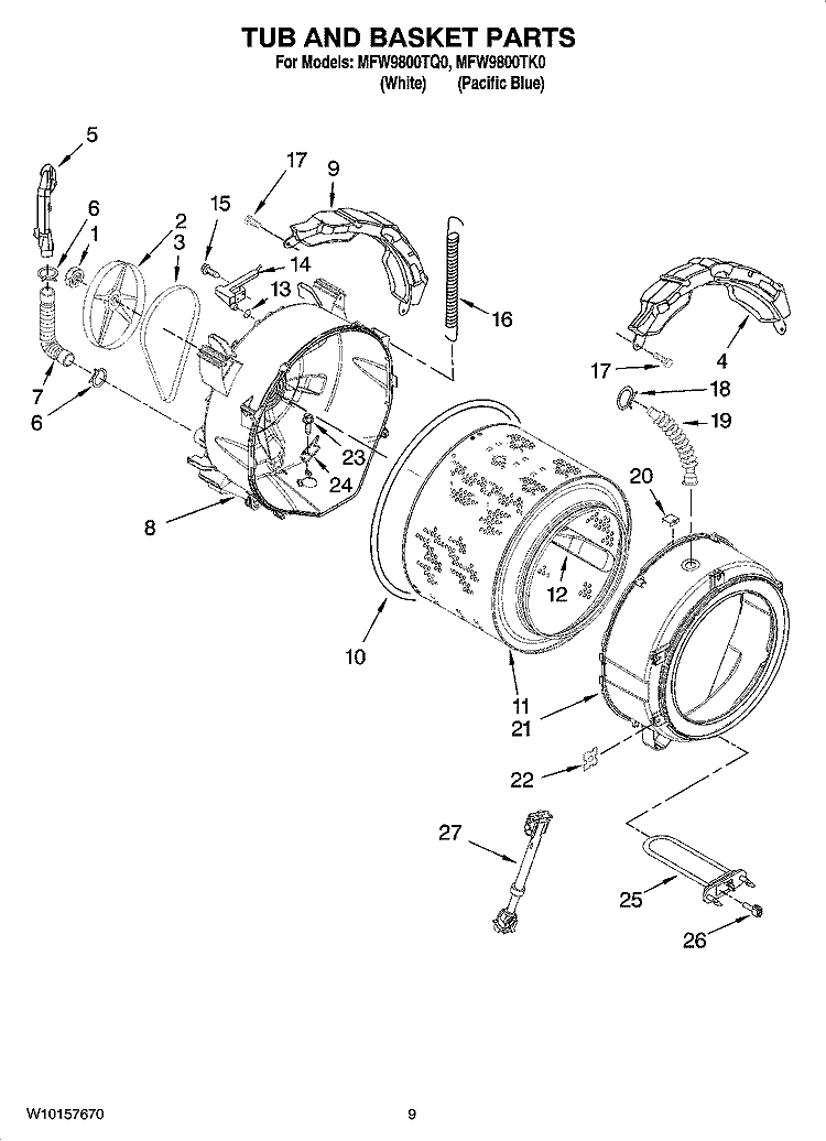 TUB AND BASKET PARTS Diagram and Parts List for MFW9800TQ0  Maytag Washer