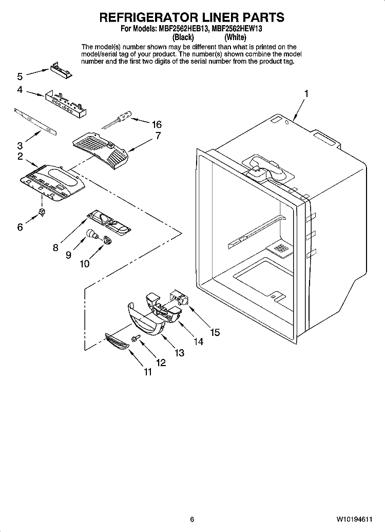 REFRIGERATOR LINER PARTS Diagram and Parts List for MBF2562HEW13  Maytag Refrigerator