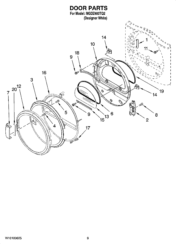 DOOR PARTS, OPTIONAL PARTS (NOT INCLUDED) Diagram and Parts List for MGDZ400TQ2  Maytag Dryer