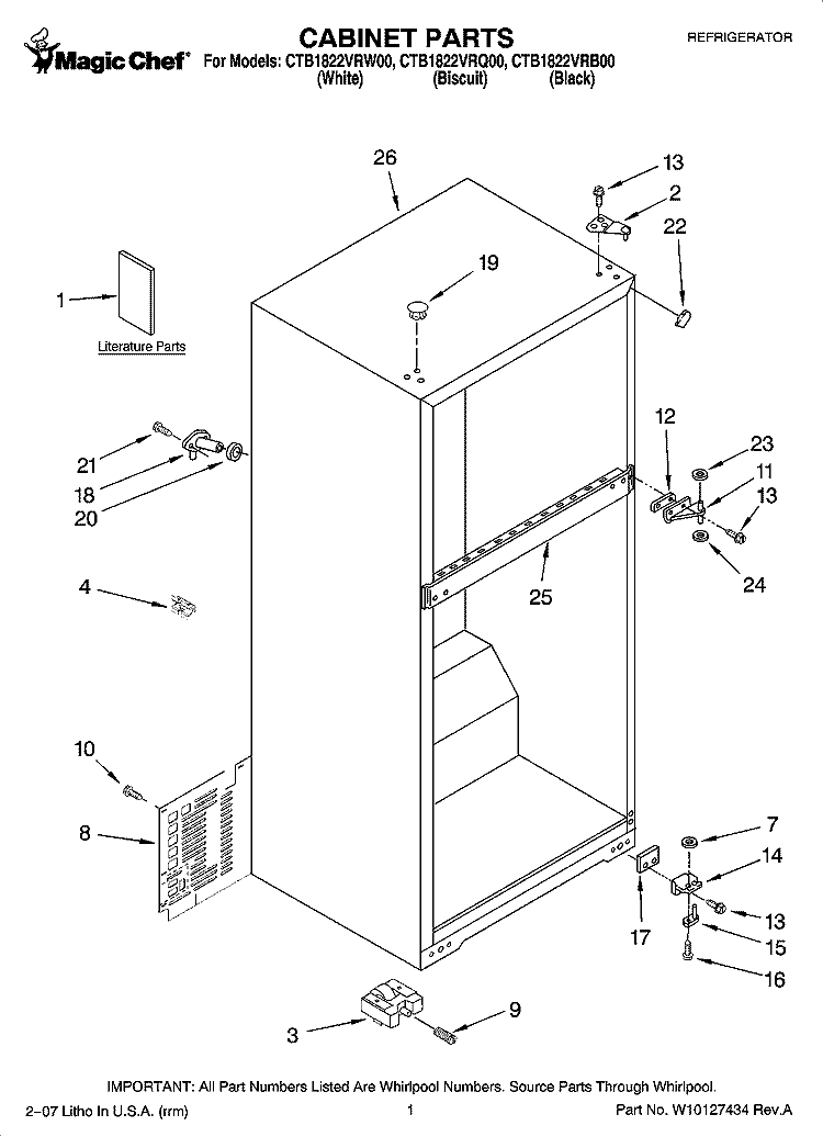 CABINET PARTS Diagram and Parts List for CTB1822VRW00  Magic Chef Refrigerator