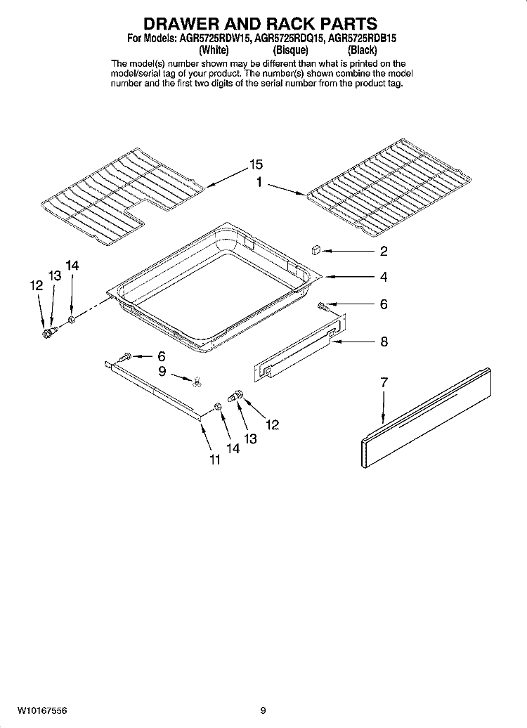 DRAWER AND RACK PARTS, OPTIONAL PARTS (NOT INCLUDED) Diagram and Parts List for AGR5725RDQ15  Amana Range