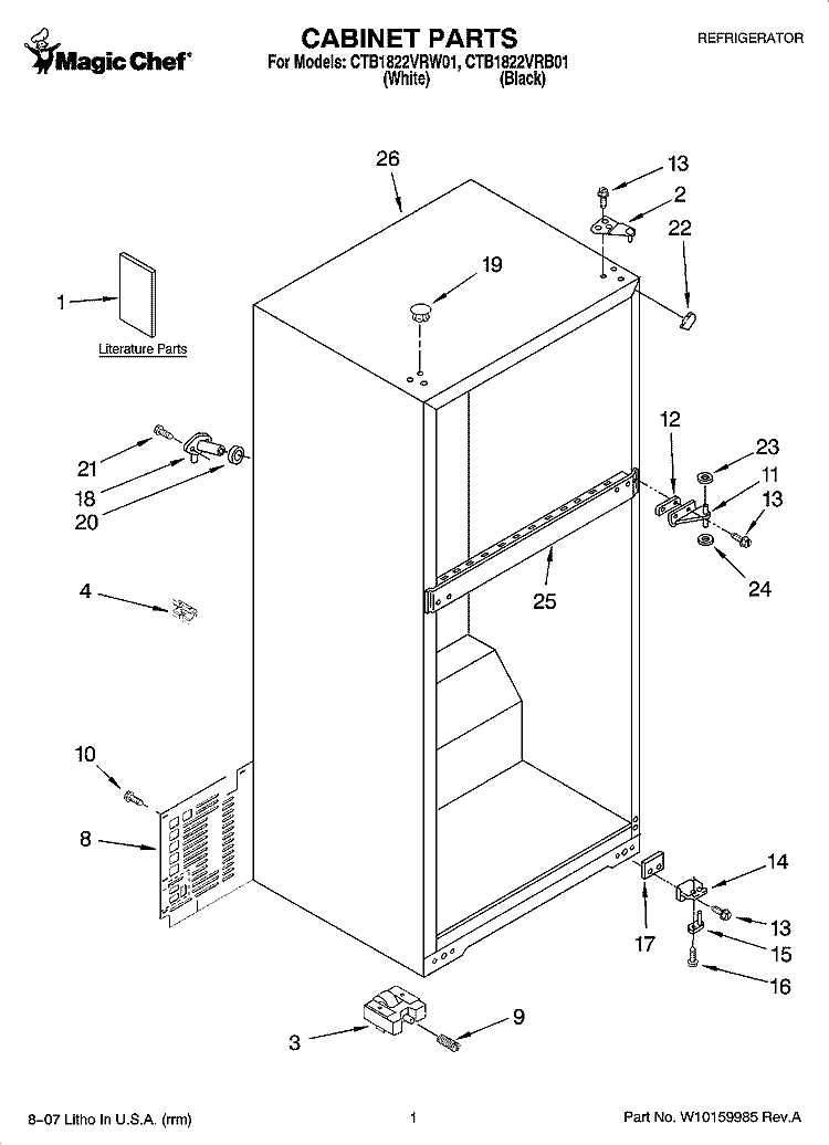 CABINET PARTS Diagram and Parts List for CTB1822VRB01  Magic Chef Refrigerator