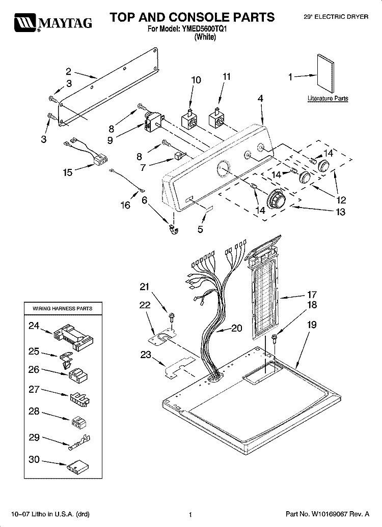 TOP AND CONSOLE PARTS Diagram and Parts List for YMED5600TQ1  Maytag Dryer