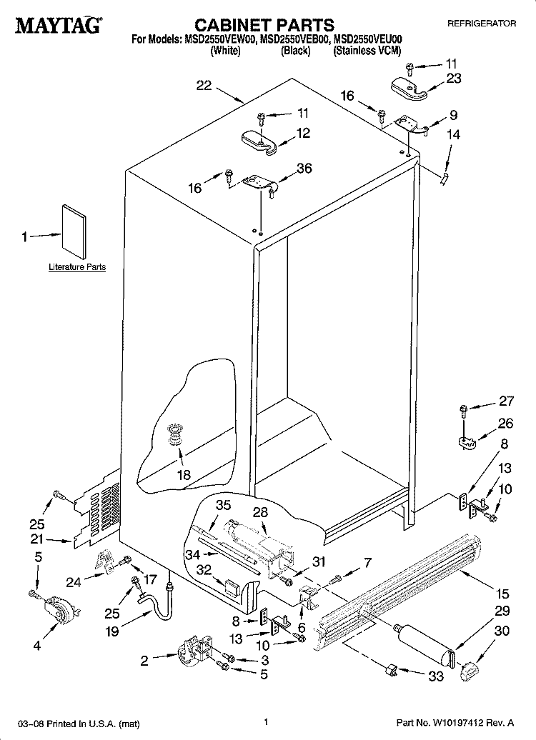 CABINET PARTS Diagram and Parts List for MSD2550VEU00  Maytag Refrigerator