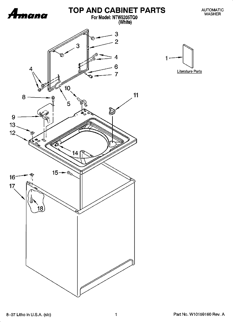 TOP AND CABINET PARTS Diagram and Parts List for NTW5205TQ0  Amana Washer