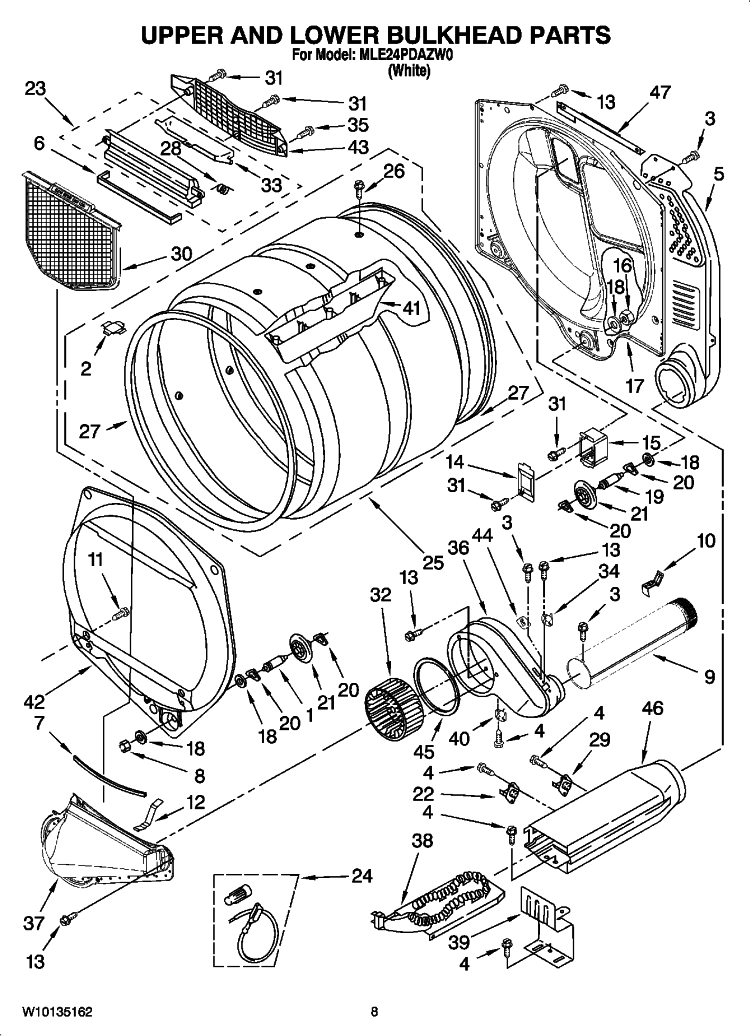 UPPER AND LOWER BULKHEAD PARTS, OPTIONAL PARTS (NOT INCLUDED) Diagram and Parts List for MLE24PDAZW0  Maytag Dryer