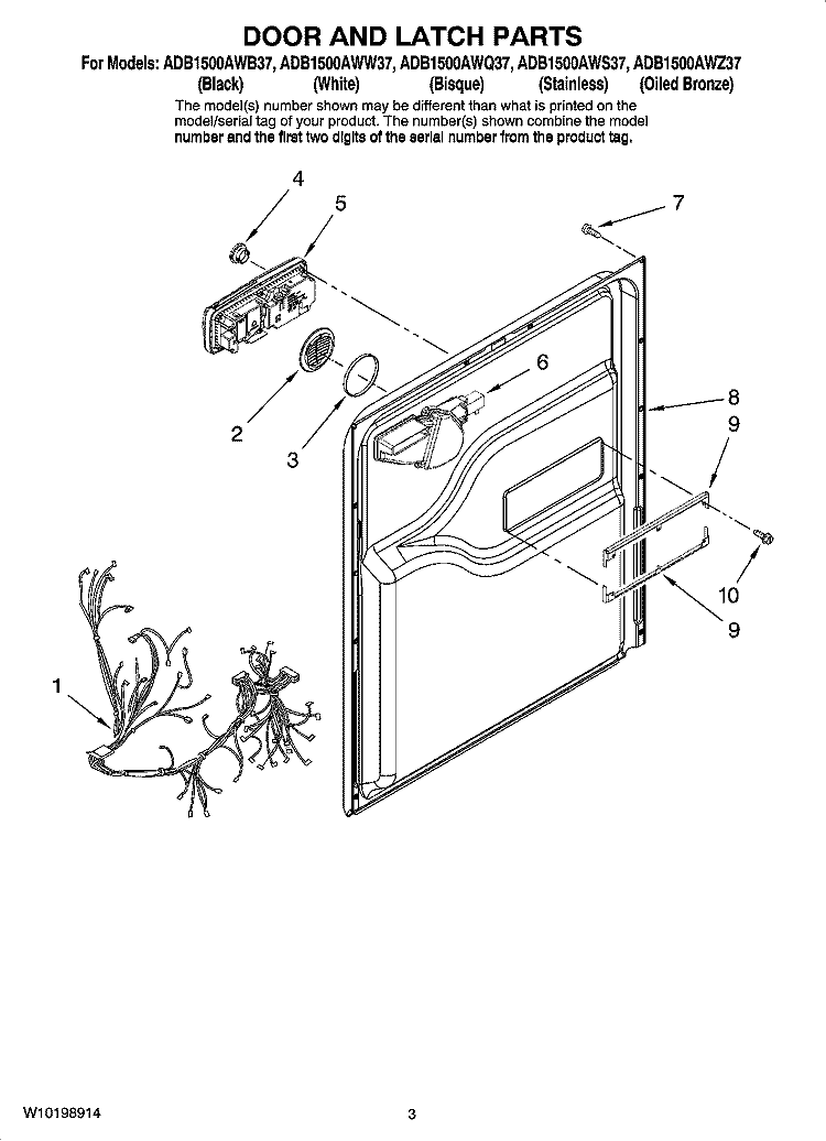 DOOR AND LATCH PARTS Diagram and Parts List for ADB1500AWW37  Amana Dishwasher