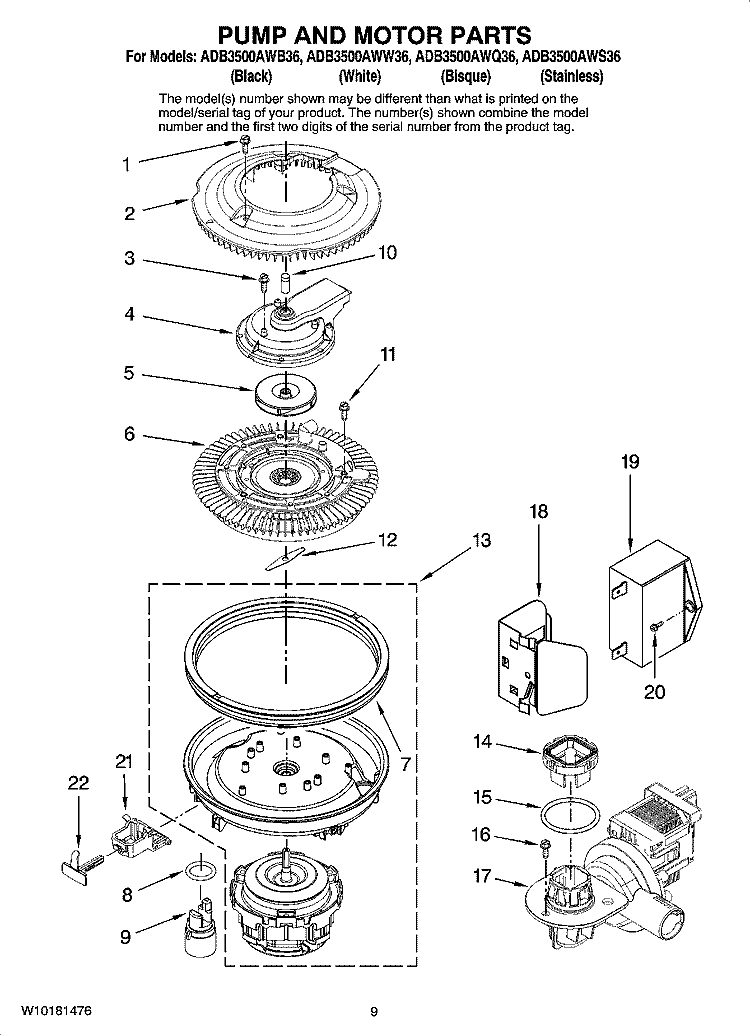 PUMP AND MOTOR PARTS Diagram and Parts List for ADB3500AWB36  Amana Dishwasher