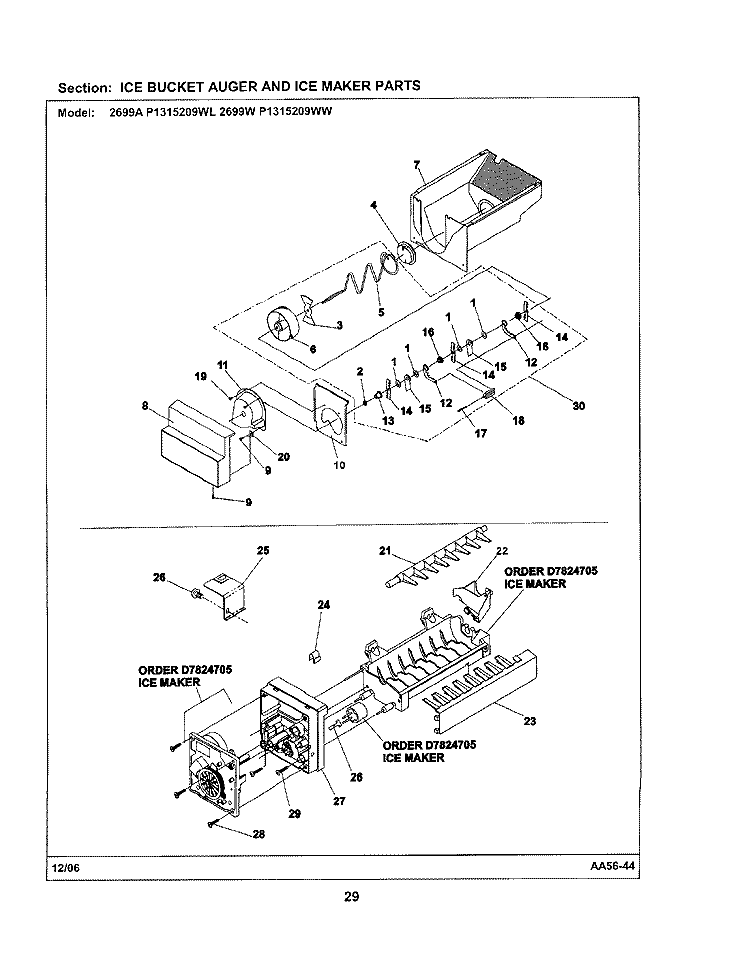 ICE BUCKET AUGER / ICE MAKER Diagram and Parts List for 2699W  Amana Refrigerator
