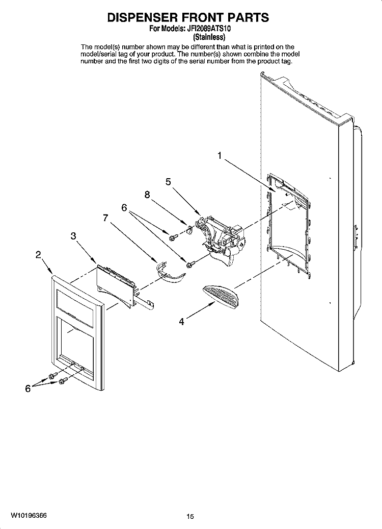 DISPENSER FRONT PARTS Diagram and Parts List for JFI2089ATS10  Jenn-Air Refrigerator