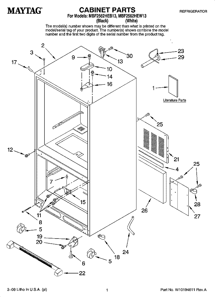 CABINET PARTS Diagram and Parts List for MBF2562HEW13  Maytag Refrigerator
