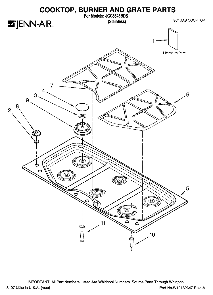 COOKTOP, BURNER AND GRATE PARTS Diagram and Parts List for JGC8645BDS  Jenn-Air Cooktop