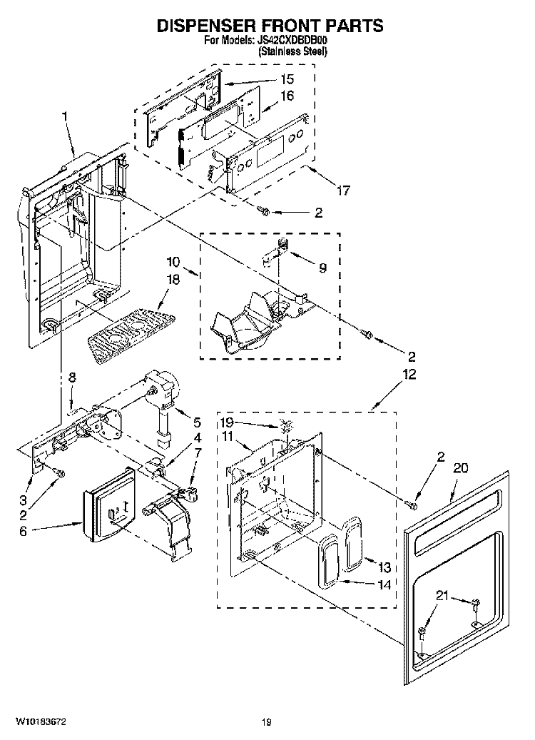 DISPENSER FRONT PARTS Diagram and Parts List for JS42CXDBDB00  Jenn-Air Refrigerator