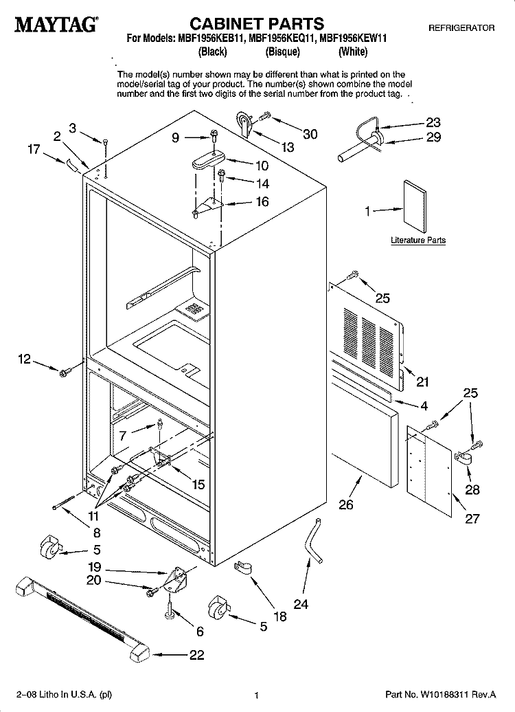 CABINET PARTS Diagram and Parts List for MBF1956KEB11  Maytag Refrigerator