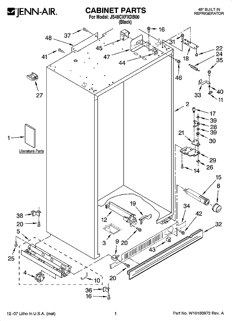 CABINET PARTS Diagram and Parts List for JS48CXFXDB00  Jenn-Air Refrigerator