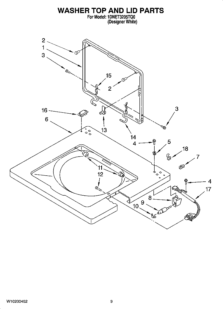WASHER TOP AND LID PARTS Diagram and Parts List for 1DNET3205TQ0  Amana Washer Dryer Combo
