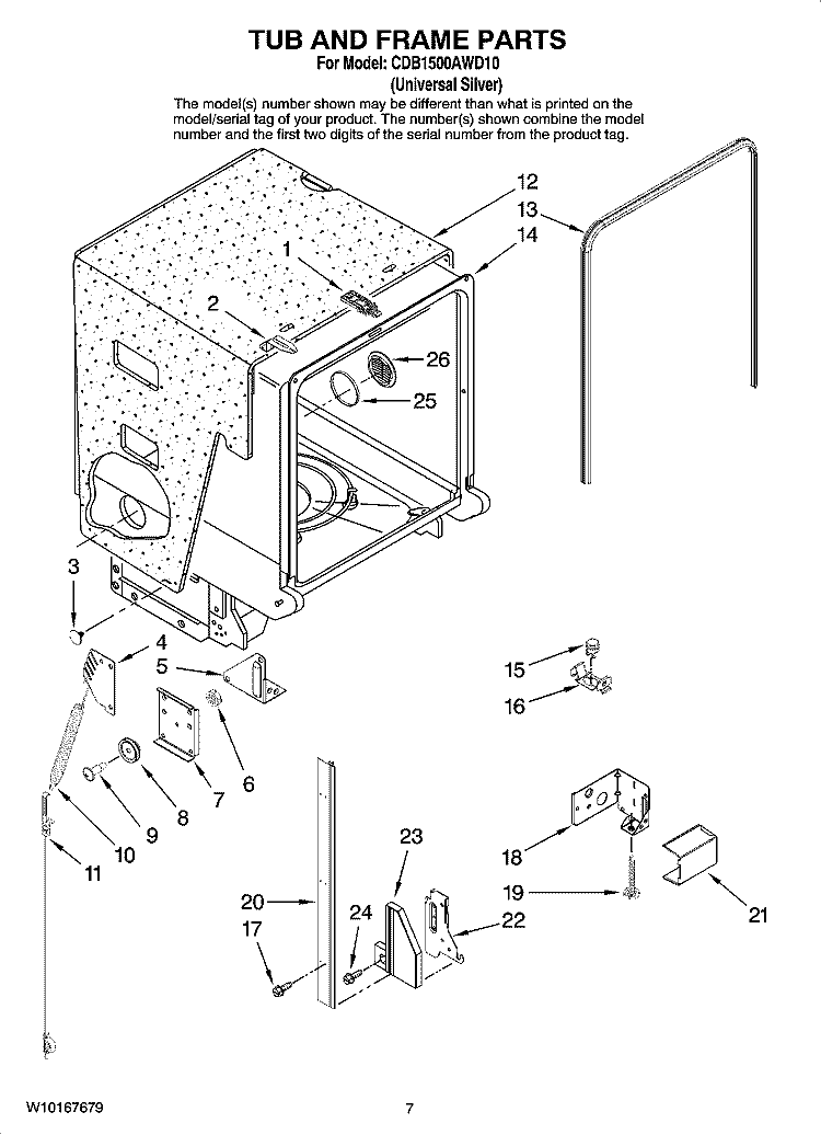 TUB AND FRAME PARTS Diagram and Parts List for CDB1500AWD10  Magic Chef Dishwasher