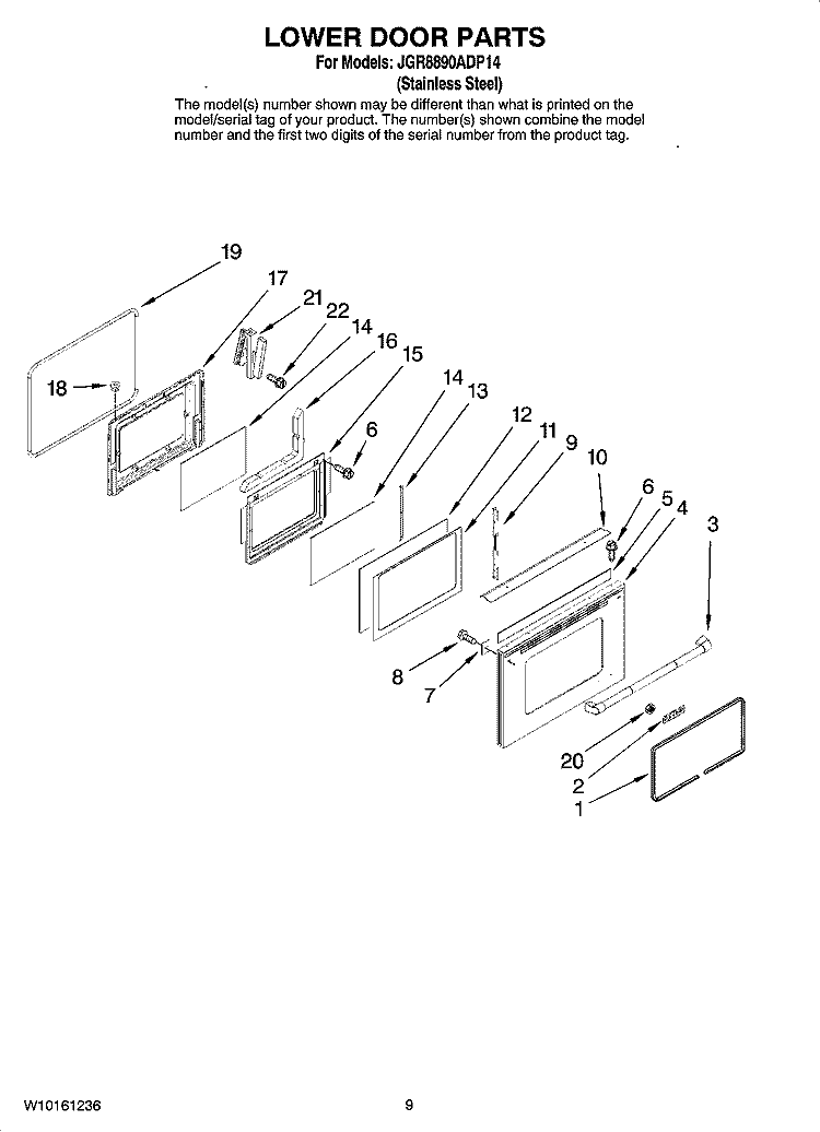 LOWER DOOR PARTS Diagram and Parts List for JGR8890ADP14  Jenn-Air Range